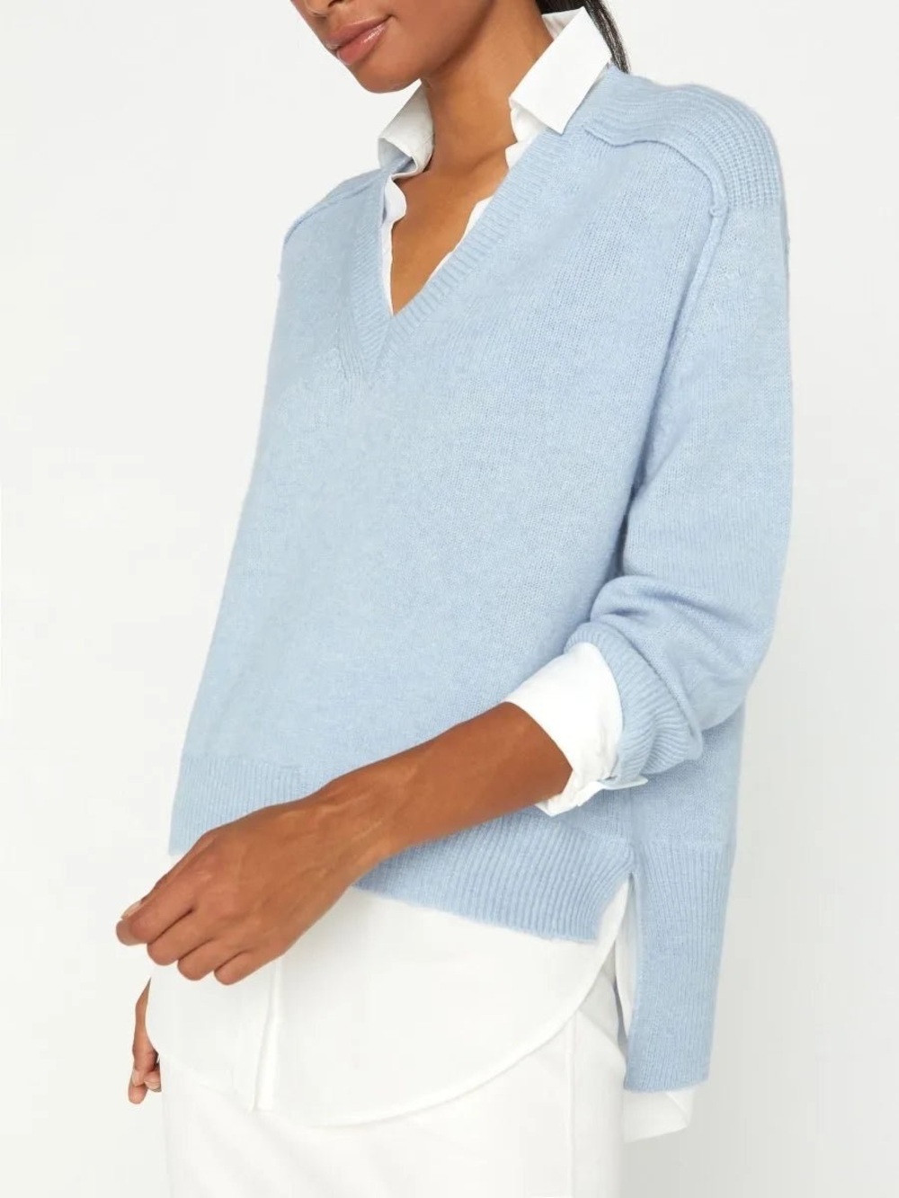 NEW Brochu Walker The Looker Layered V-Neck Wool Cashmere Sweater Skye Blue - Picture 13 of 16